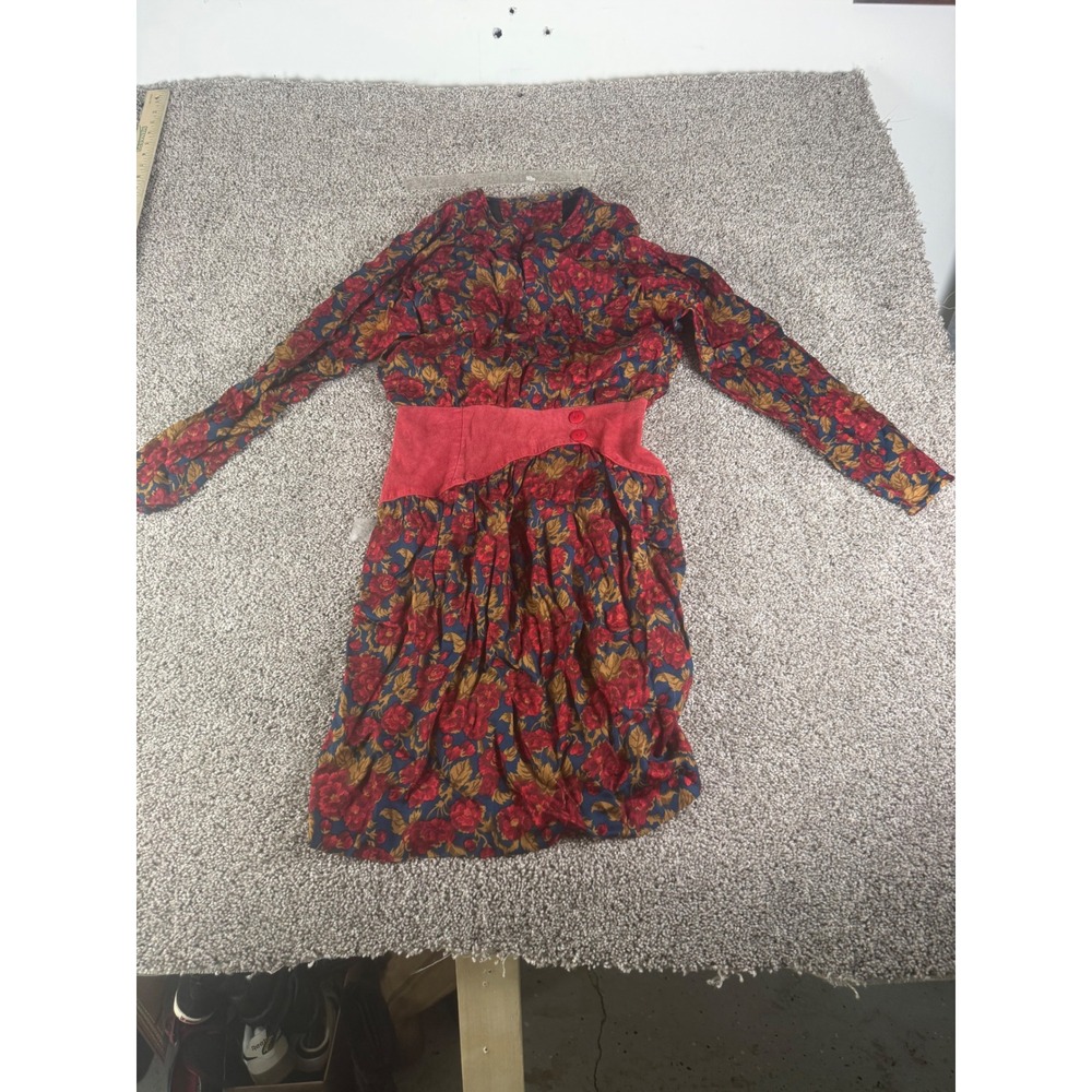 Vintage ILGWU Floral Long Sleeve Dress Red Blue Suede Trim Union Made Size 6